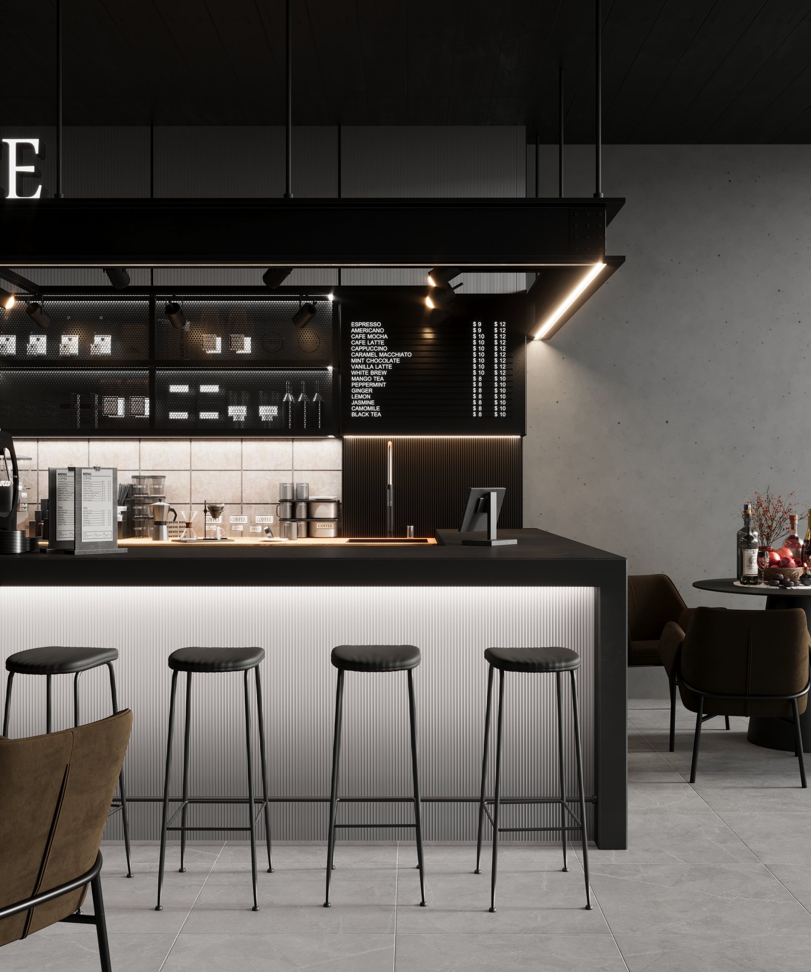 стильная барная стойка в тёмном коммерческом интерьере