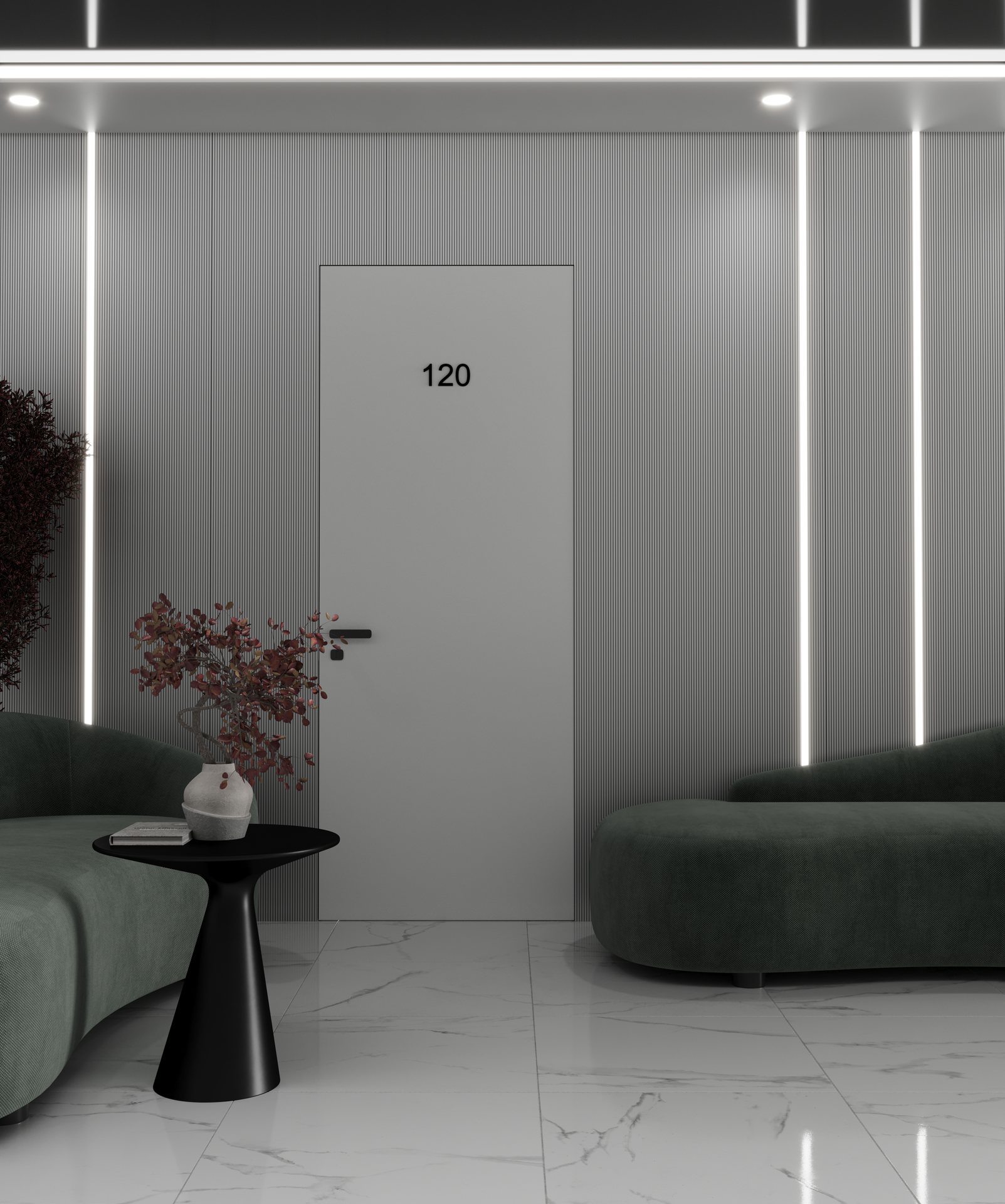 коридор или зона ожидания с зелёными диванами