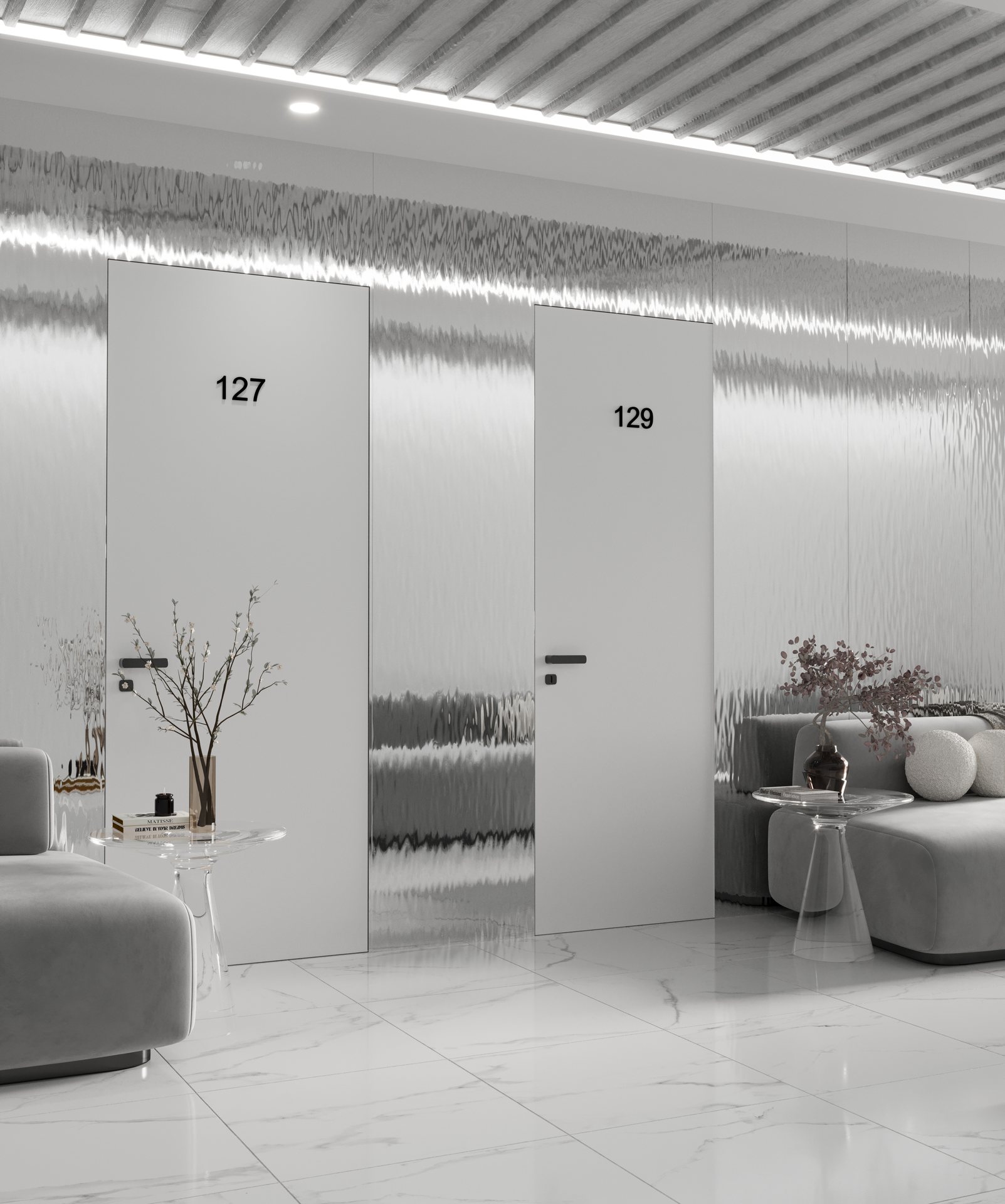 коридор с зеркальной панелью, дверями и зонами ожидания