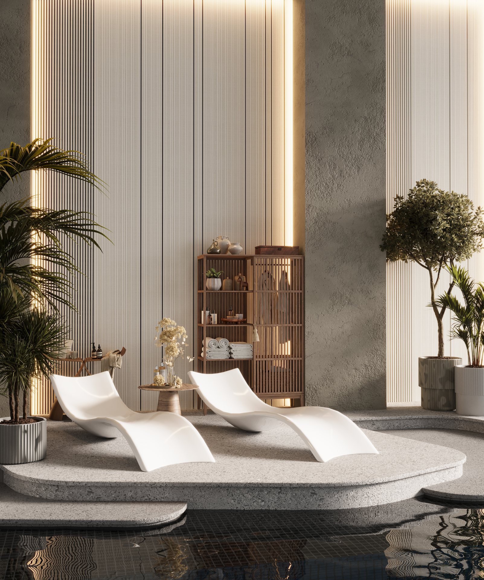 площадка у воды с дизайнерскими шезлонгами